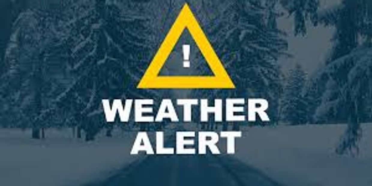 Weather alert warning sign with snow background.