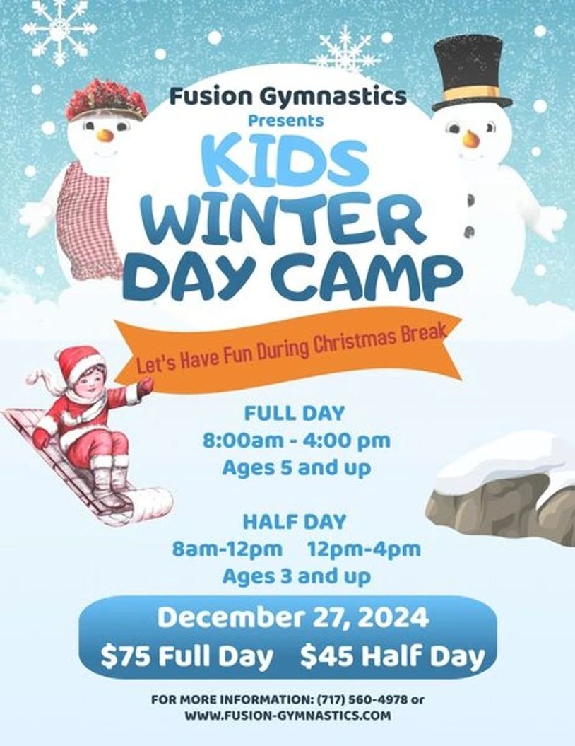 Kids Winter Day Camp by Fusion Gymnastics with full and half-day options on December 27, 2024.