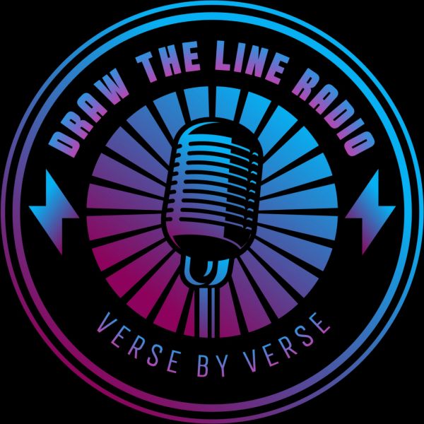 Logo of Draw the Line Radio with a vintage microphone and gradient colors.