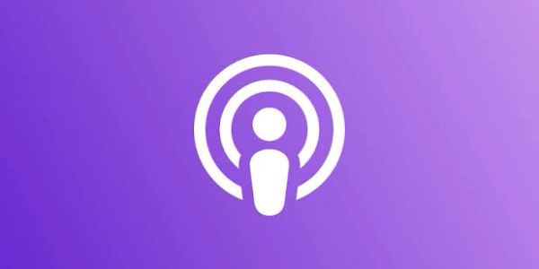 White podcast icon on a purple gradient background.