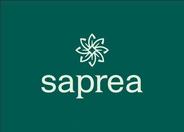 Logo of 'saprea' with a stylized floral emblem above the text.