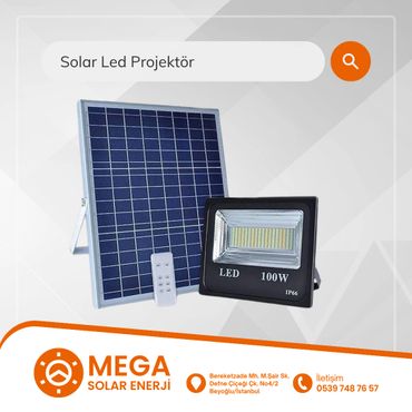 Solar LED projector with panel and remote from Mega Solar Enerji.