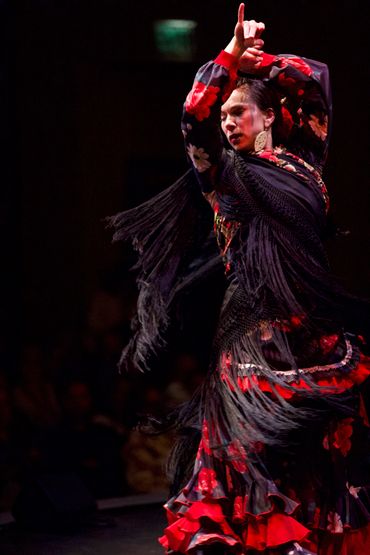 Flamenco dancer in a black and red dress performing passionately.