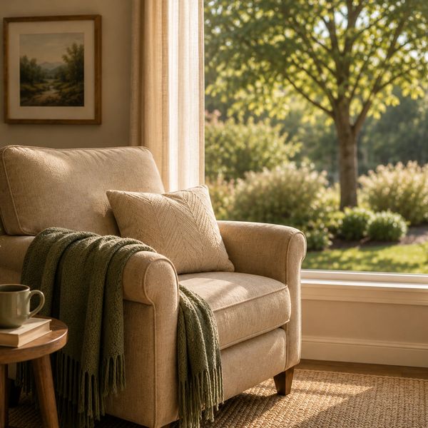 Cozy beige armchair with green throw near a window.