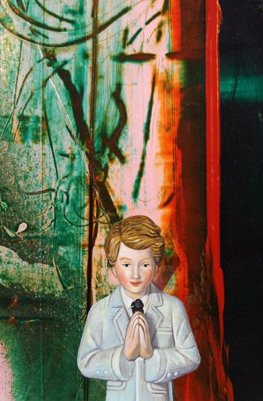contemporary still life painting collaboration of praying boy figurine on abstract painted paper 