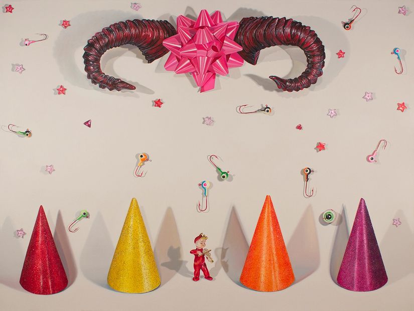 Hell Devil Fishing lures party hats stars contemporary still life painting glitter horns nyc art