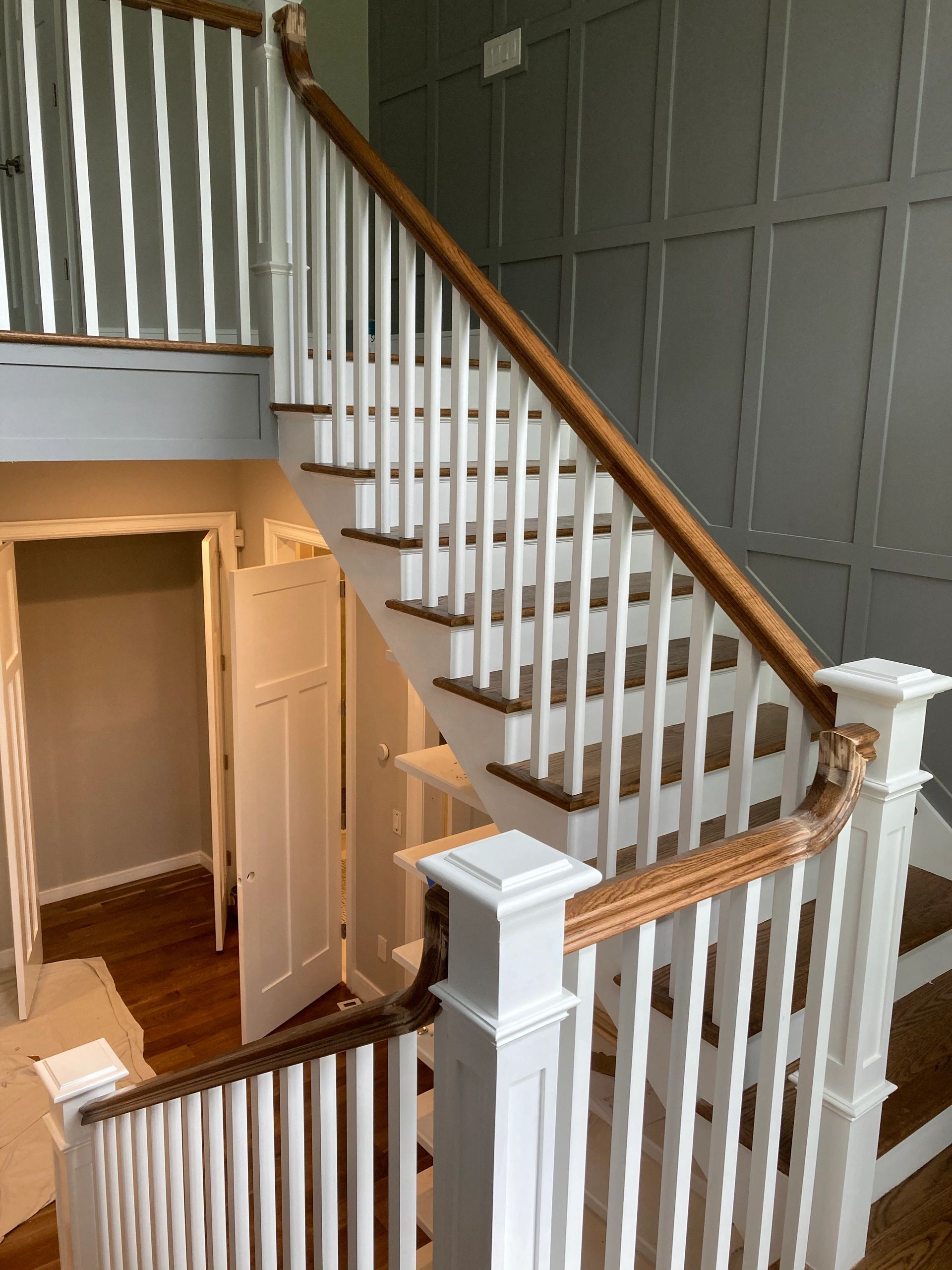 Pre-stained and painted quare post rails with square balusters.