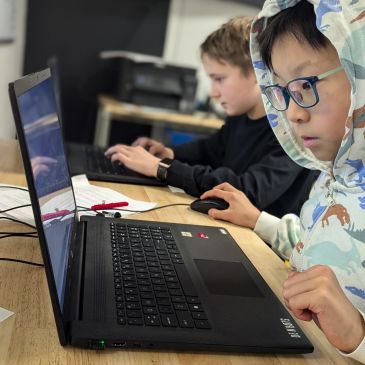 Two boys focused on laptops at a desk.