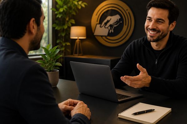 Two men having a friendly business meeting at a desk with a laptop.