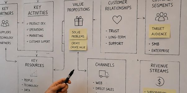 Hand pointing at a business model canvas with key sections and sticky notes.
