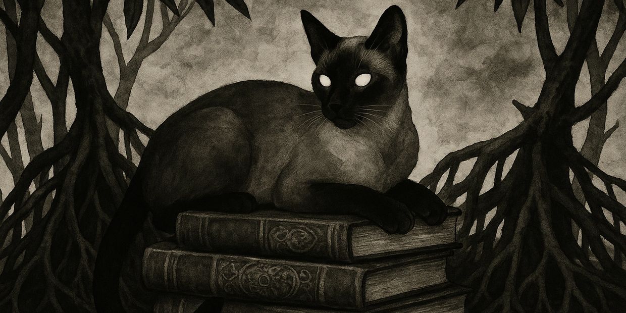 A mysterious cat with glowing eyes rests on a stack of old books in a dark forest.