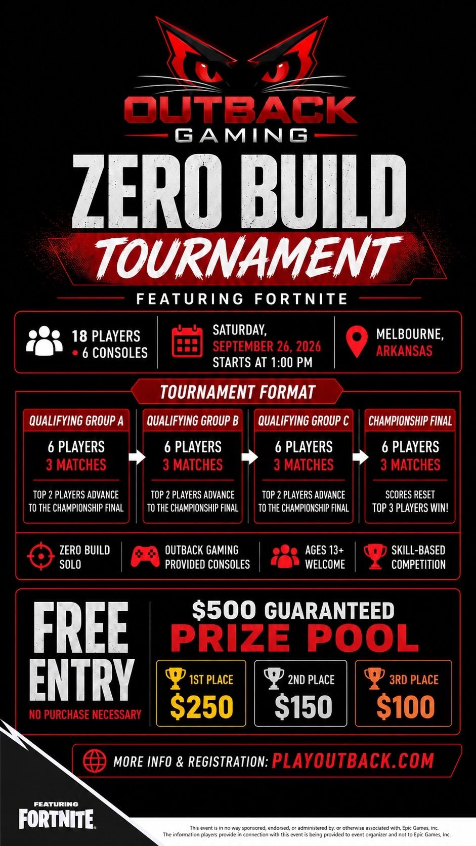 Outback Gaming Zero Build Fortnite tournament poster with date and prize details.