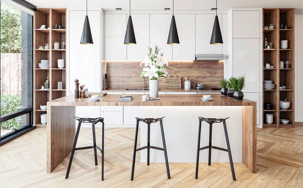 kitchen counter with pendant lighting