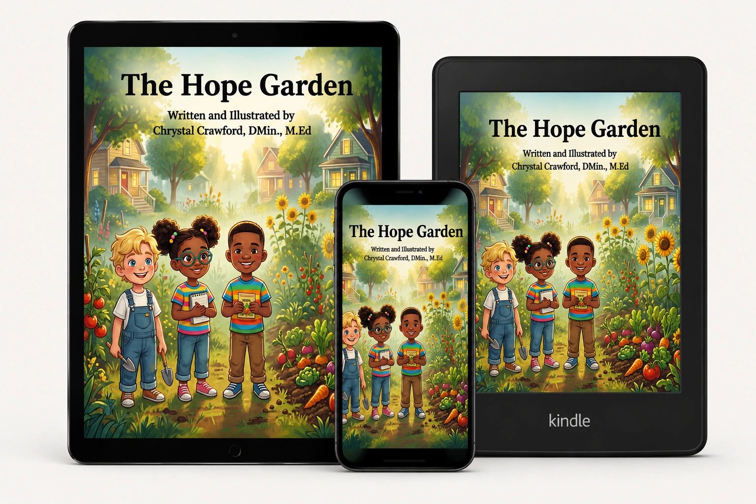 Digital devices showcasing the children's book 'The Hope Garden' by Chrystal Crawford.