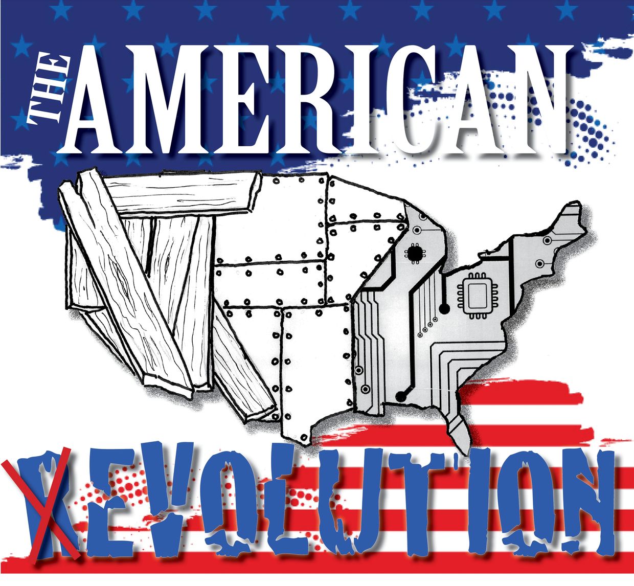 Illustration of the United States map evolving from wood to metal to circuitry.