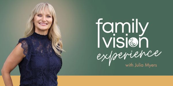 A smiling woman stands beside the 'Family Vision Experience' logo with Julia Myers.