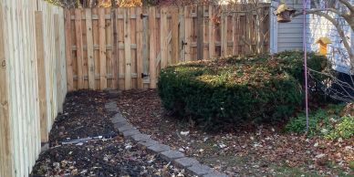 New wooden and older wooden fences with garden path and bushes.