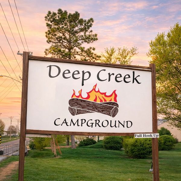 IMAGE OF DEEP CREEK CAMPGROUND ENTRANCE SIGN WITH SUBTLE SUNSET GLOW
THE SIGN HAS A CAMPFIRE LOG ON 