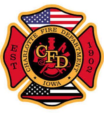 CHARLOTTE FIRE DEPARTMENT LOGO EMBLEM ESTABLISHED 1902 CHARLOTTE FIRE DEPARTMENT CFD IOWA IN COLORS 