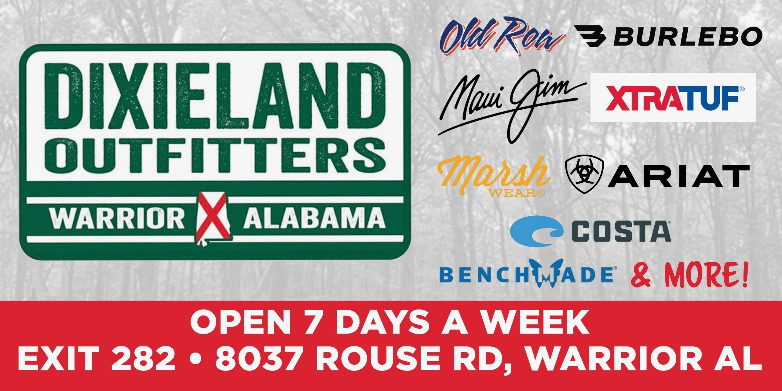 Dixieland Outfitters in Warrior, Alabama, featuring outdoor and apparel brands.