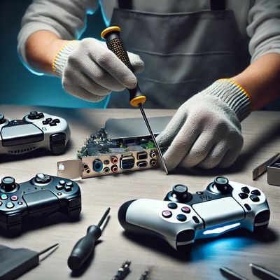 Technician repairing HDMI port on PS5, Xbox, and Nintendo Switch at a clean workbench.