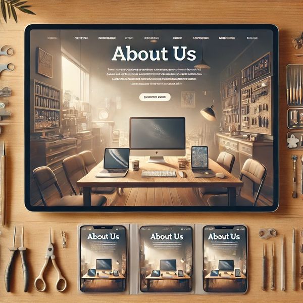 Modern workspace with phones, tools, and repair shop setting, reflecting trust and friendly service.