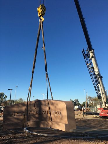 100 ton truck crane placing monument at Alyce Gereaux Park in Brawley, CA.