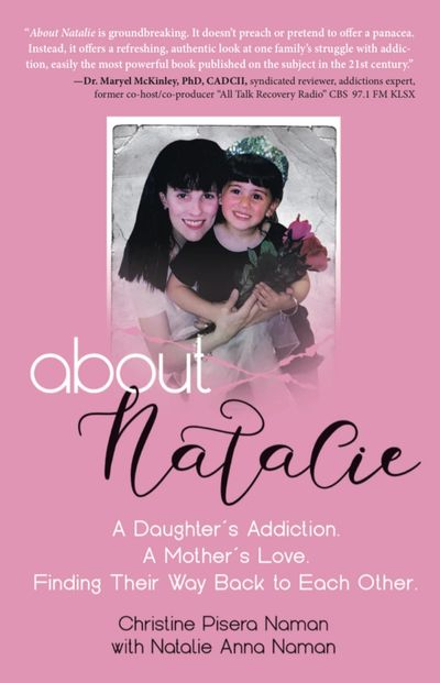 Picture is cover of book "About Natalie". Book cover is pink with white and black writing.
