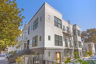 Modern apartment building with fire escape.