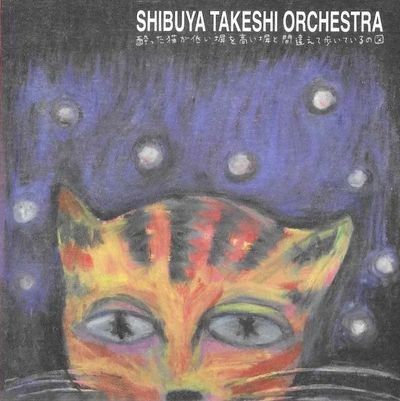 Abstract cat face with large eyes under a starry night sky.