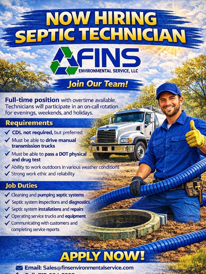 Now hiring septic technician with full-time position and overtime, join FINS Environmental Service.