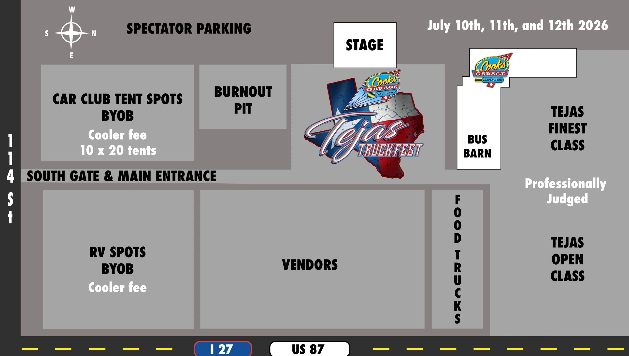 Map layout of Tejas Truckfest 2026 event with parking, vendor, and stage areas.