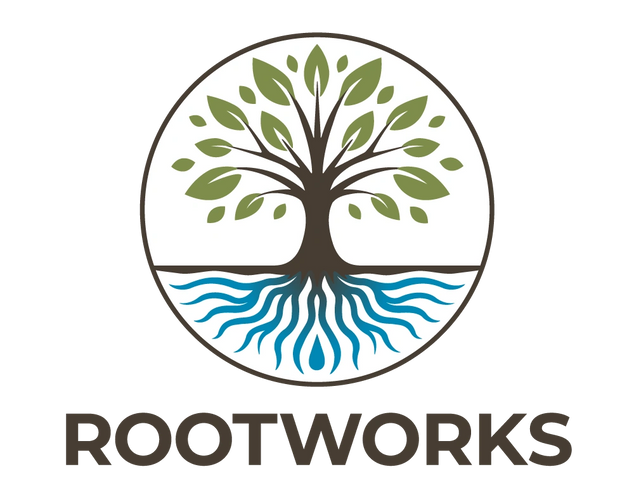 Logo of a tree with green leaves and blue roots labeled 'ROOTWORKS'.