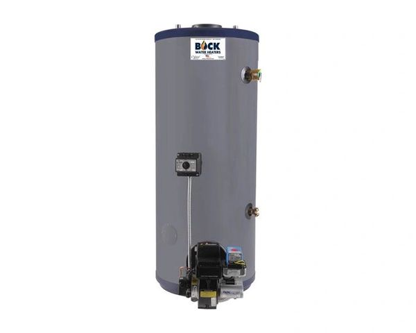 Tall gray water heater with control panel and pipes.