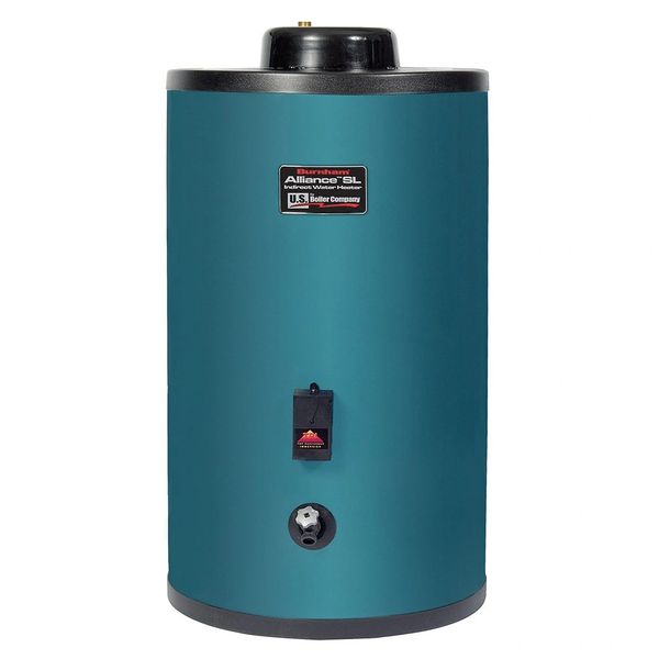 A teal-colored Burnham Alliance SL indirect water heater from U.S. Boiler Company.