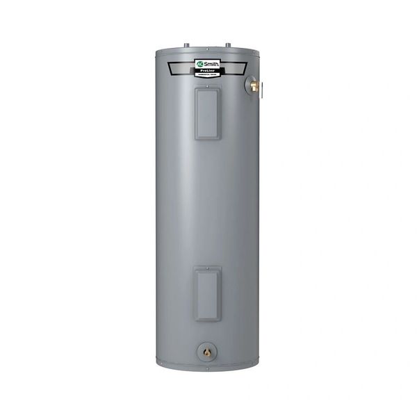 Tall gray water heater with a label on top and access panels.