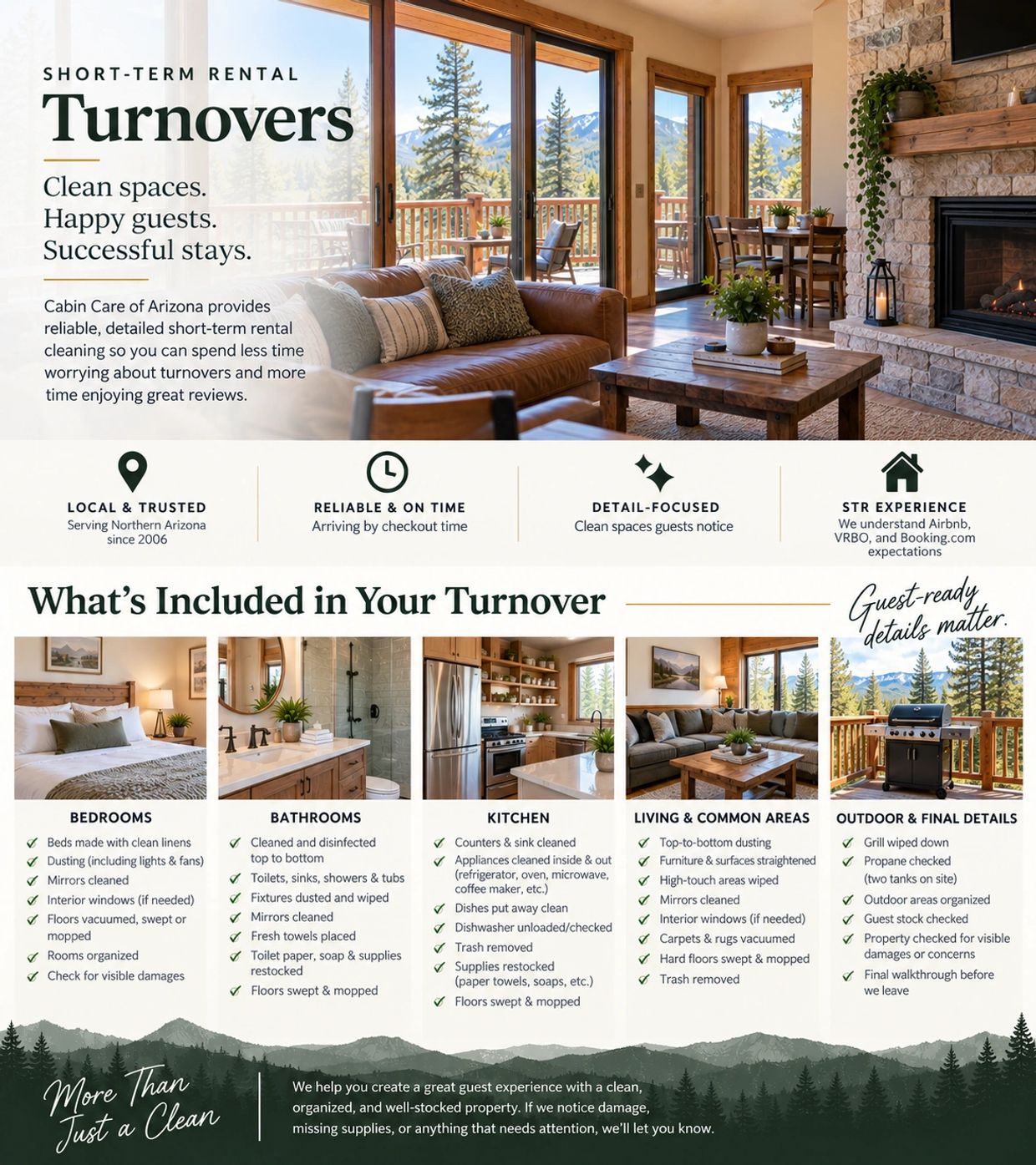 Short-term rental turnovers cleaning checklist with detailed tasks for bedrooms, bathrooms, kitchen, living areas, and outdoor.