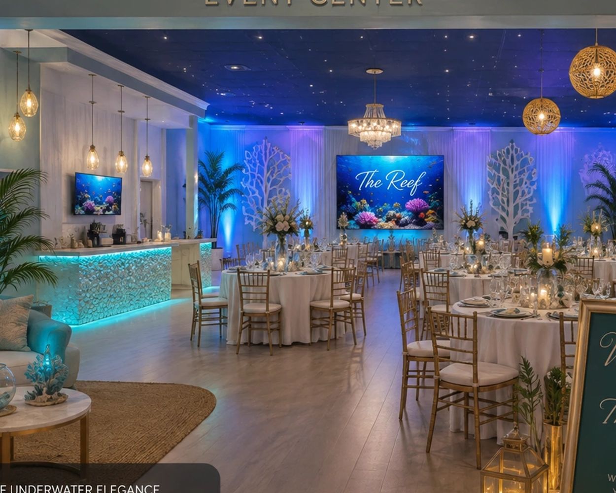 Elegant underwater-themed event center with blue lighting and coral decor.