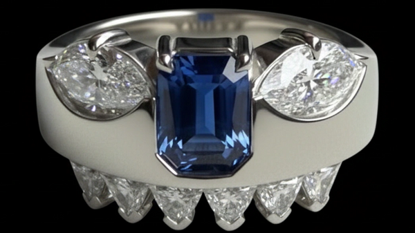 Elegant silver ring with a blue emerald-cut gemstone and diamond accents.