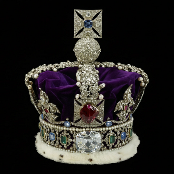 A royal crown adorned with diamonds, pearls, and colorful gemstones on purple velvet.