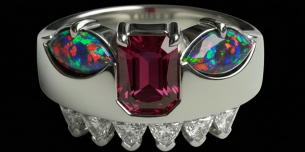 Elegant ring with colorful opals, a red gemstone, and diamond accents on a silver band.