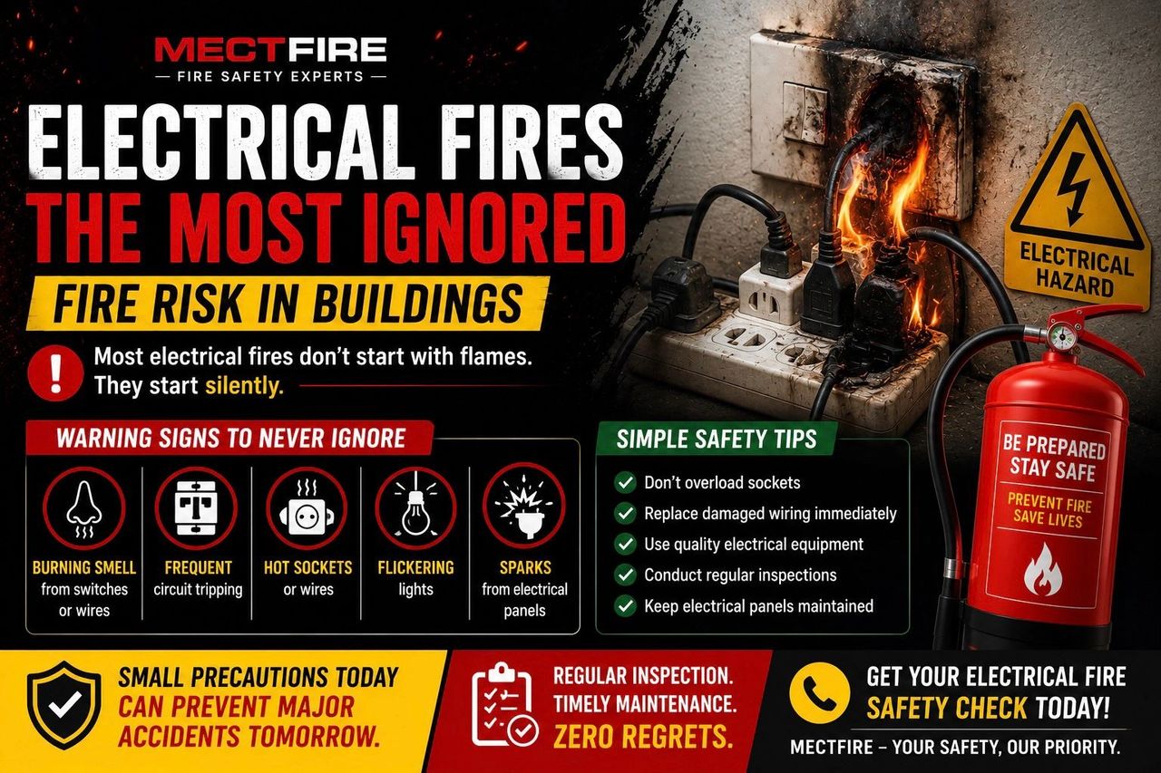 ⚡ Electrical Fires  The Most Ignored Fire Risk in Buildings  🔥 Introduction  Many fire incidents don’t start with flames…  They start silently through: 	•	Faulty wiring 	•	Overloaded sockets 	•	Loose connections 	•	Poor electrical maintenance  And by the time people notice, the situation is already dangerous.  ⚠️ Why Electrical Fires Are Common  Modern buildings depend heavily on electricity.  But common mistakes like: 	•	Using low-quality extensions 	•	Overloading power boards 	•	Ignoring sparks or burning smell  can easily trigger a fire.  👉 Electrical faults are one of the leading causes of fire incidents.  🚨 Warning Signs You Should Never Ignore  Watch for: 	•	Burning smell from switches 	•	Frequent tripping 	•	Hot sockets or wires 	•	Flickering lights 	•	Sparks from electrical panels  👉 These are early warning signs of potential fire risk.  ✅ Simple Safety Tips 	•	Don’t overload sockets 	•	Replace damaged wiring immediately 	•	Use quality electrical equipment 	•	Conduct regular inspections 	•	Keep electrical panels maintained  Small precautions can prevent major accidents.  🧠 Final Thought  Electrical fires often happen quietly…  But the damage can be massive.  That’s why regular inspection and maintenance are extremely important for: 	•	Homes 	•	Offices 	•	Shops 	•	Societies 	•	Warehouses  👉 Prevention always starts with awareness.  📞 Need Electrical Fire Safety Inspection?  Mectfire helps with: 	•	Fire audits 	•	Electrical safety inspection 	•	Fire equipment maintenance 	•	Complete fire safety solutions  👉 Identify risks before an emergency happens.  electrical fire safety, electrical fire risk, building fire safety, fire audit services, Mectfire