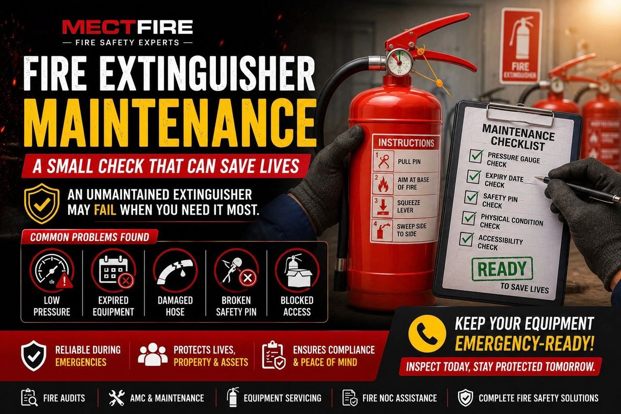 fire extinguisher maintenance, extinguisher servicing, fire safety inspection, fire audit services, Mectfire	•	Fire extinguisher servicing 	•	AMC & maintenance 	•	Fire audits 	•	Complete fire safety solutions
