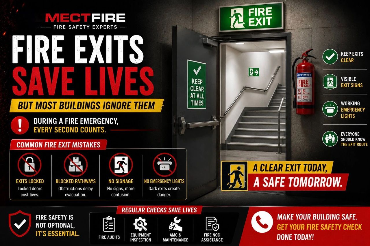  fire exit safety, emergency exit rules, building fire safety, fire audit services, Mectfireire provides: 	•	Fire audits 	•	Exit safety inspection 	•	Fire safety consultation 	•	AMC & maintenance service