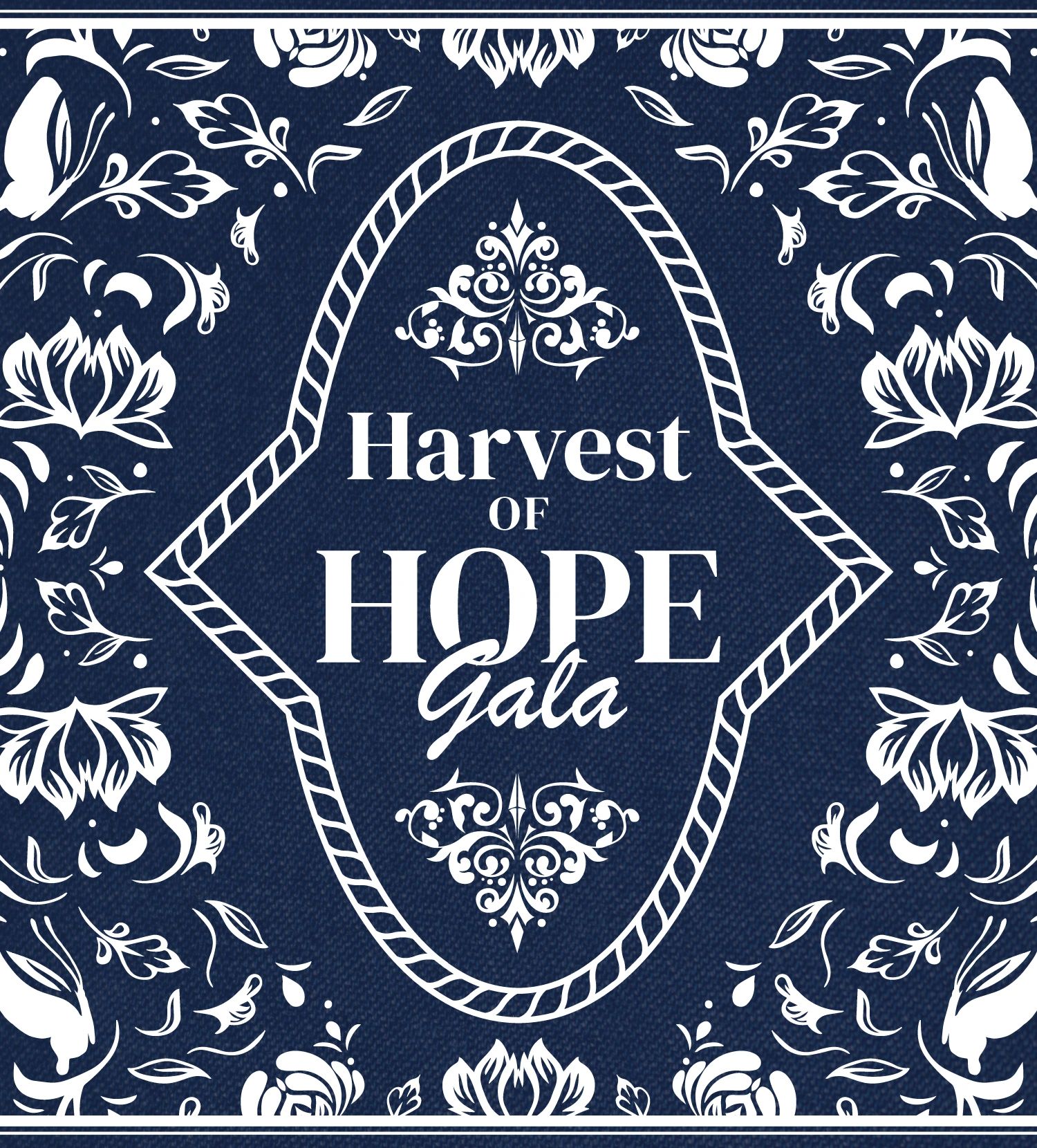 Elegant navy and white design for Harvest of Hope Gala.