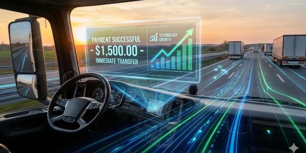 Inside view of a truck cabin with digital payment and technology growth display.