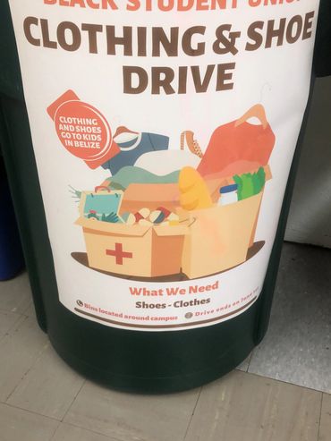 Donation bin for clothing and shoe drive benefiting kids in Belize.