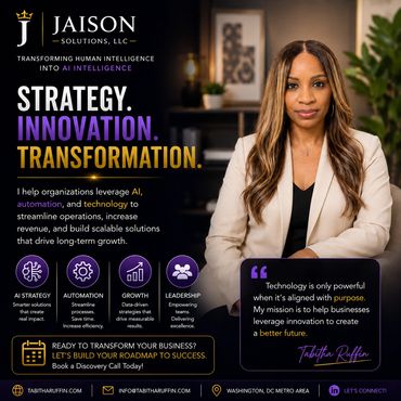Professional woman promoting AI-driven business transformation solutions.