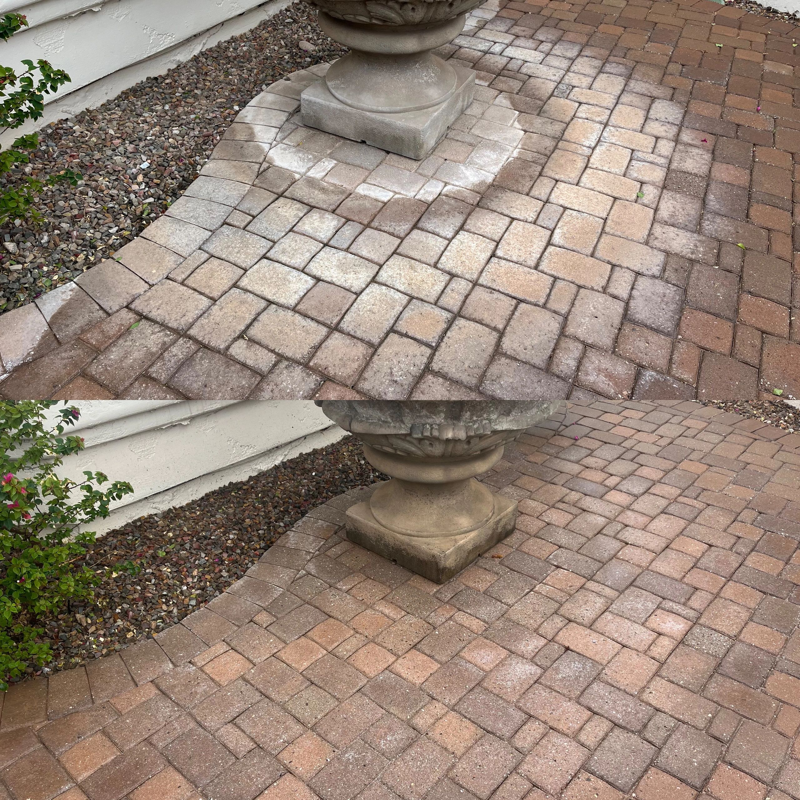 Pavers around a fountain in Gilbert, Arizona, before and after hard water stain removal