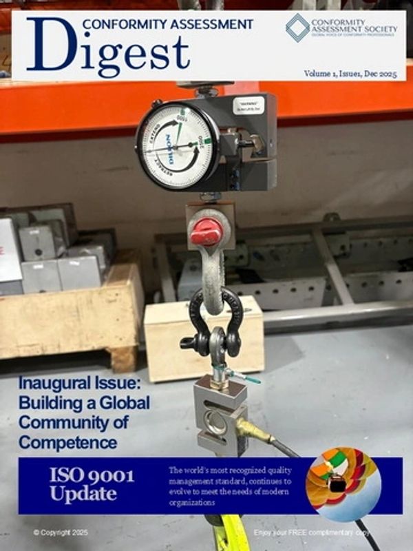 Cover of Conformity Assessment Digest featuring a precision measurement device.
